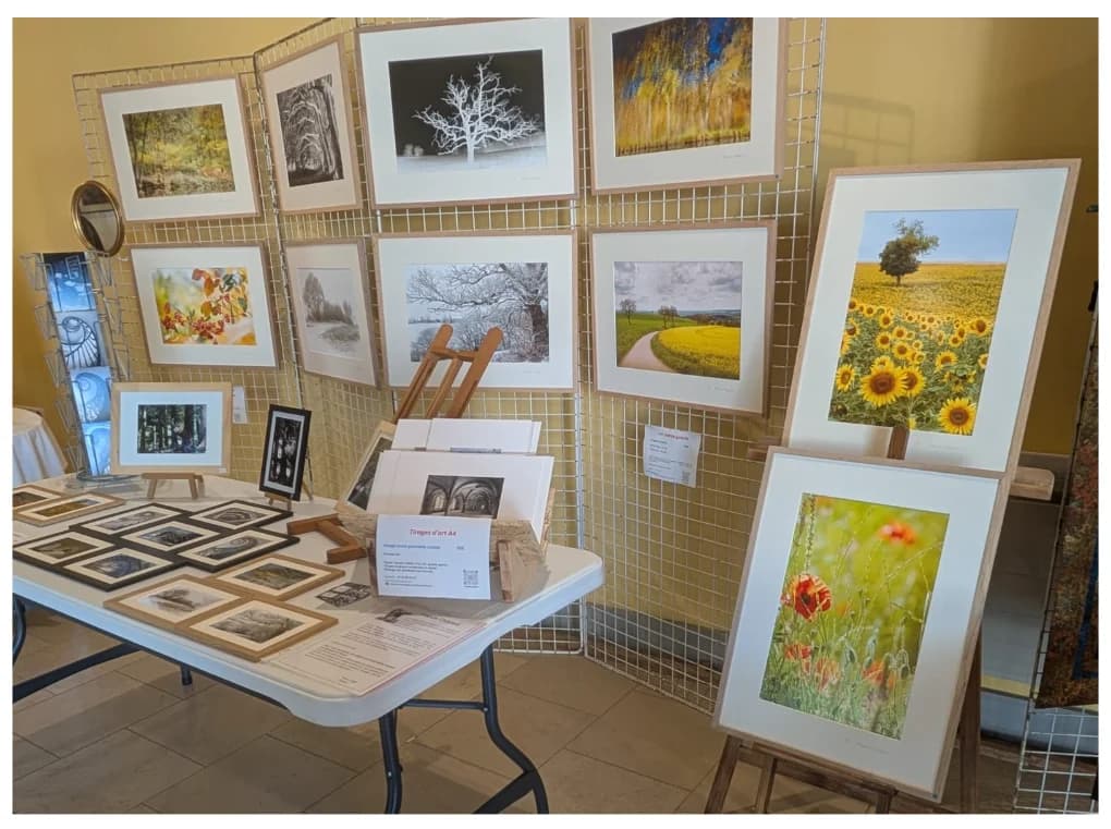 Stand de Francis Chopard à Léré avec des tirages de paysages, d’arbres, de reflets et de fleurs
